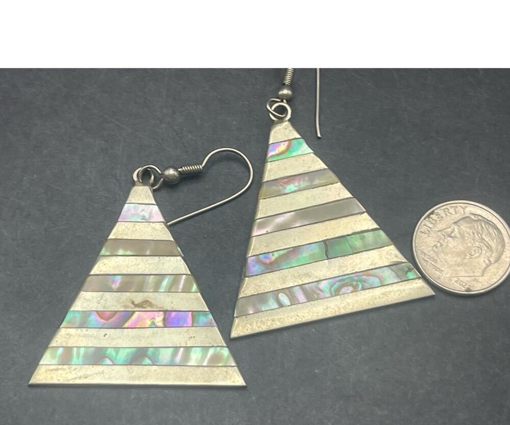 Mexico Abalone Inlay Alpaca Silver Tone Triangle Drop Dangle Earrings Signed VTG